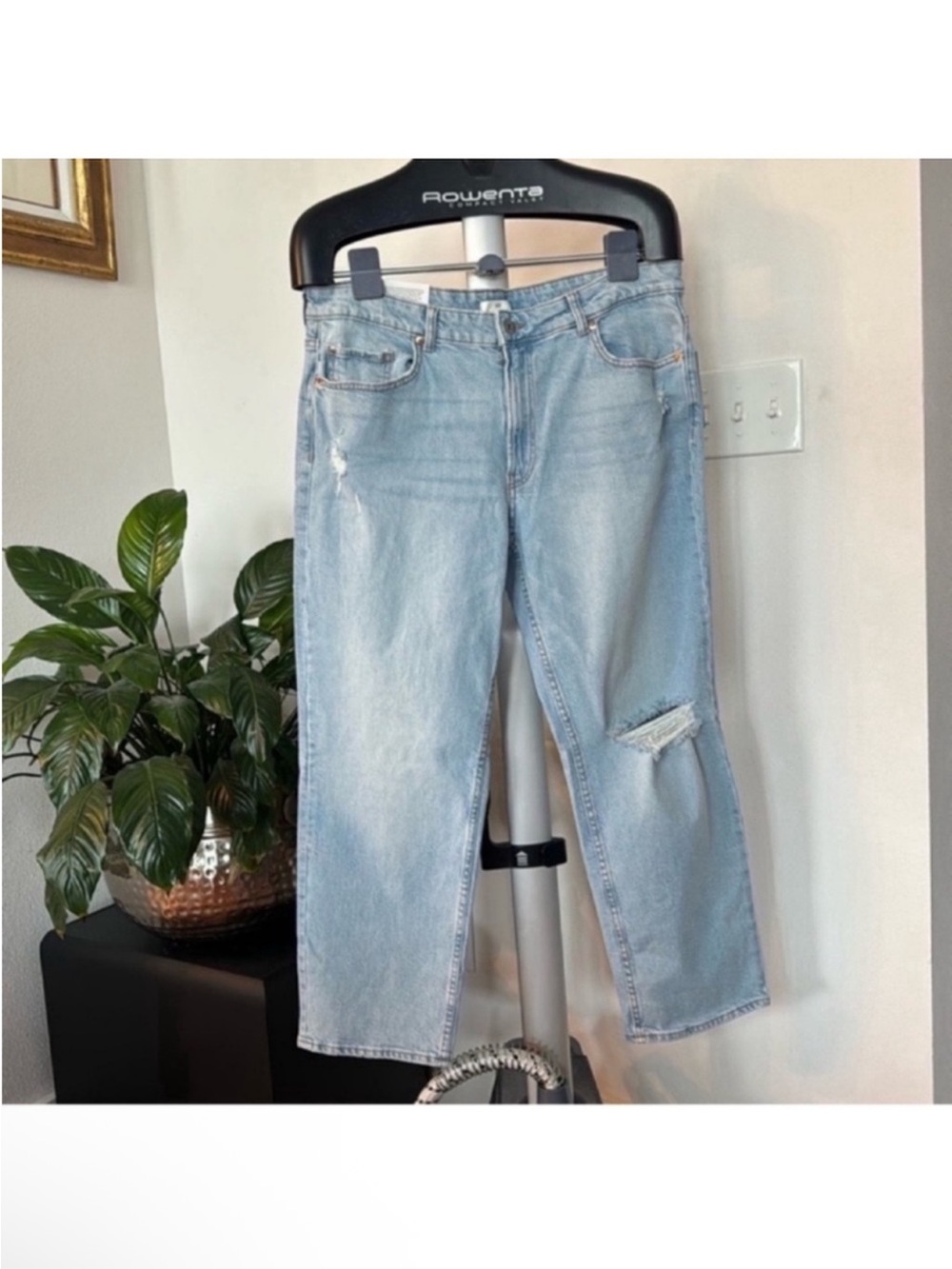 NWT H&M Blue Slim Mom Regular Waist High Rise Jeans Sz 16/48 Ankle Length Ripped
